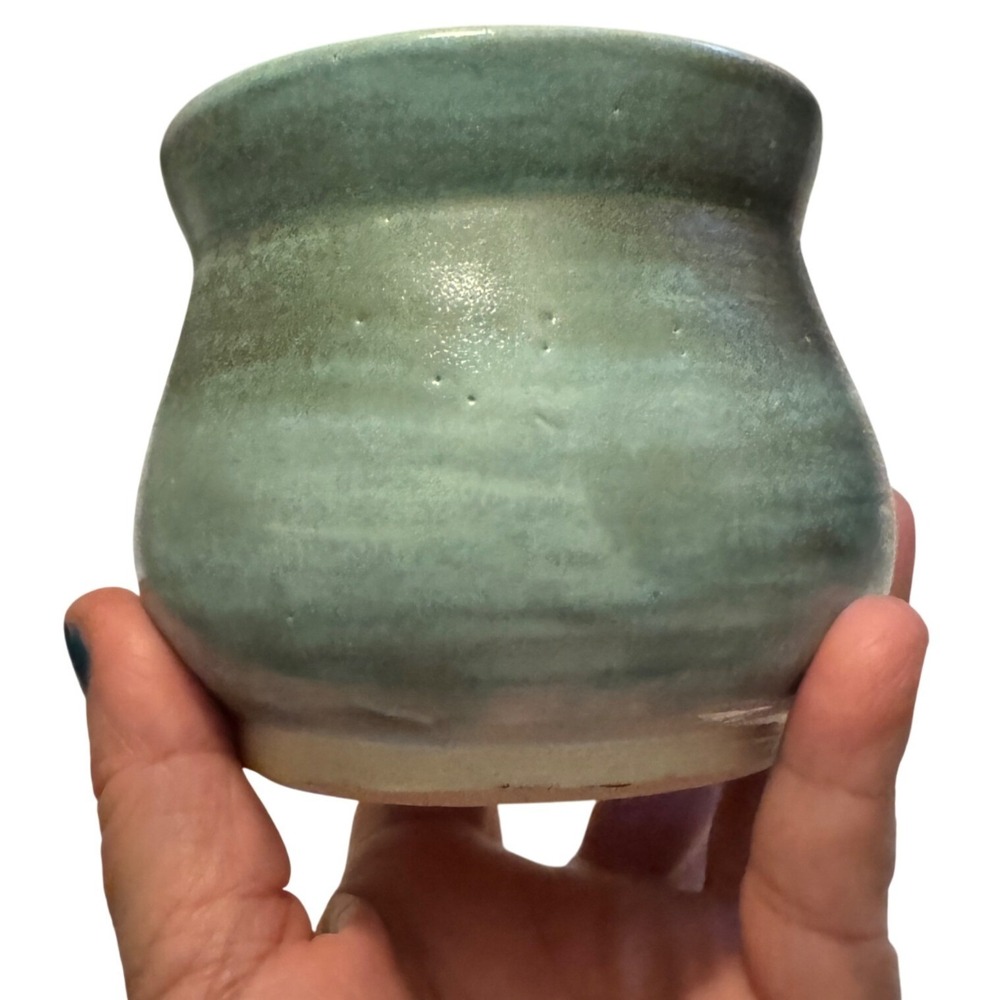 VTG Handmade Salt Glaze Mottled Green Stoneware Pottery Flower Pot Signed DALM